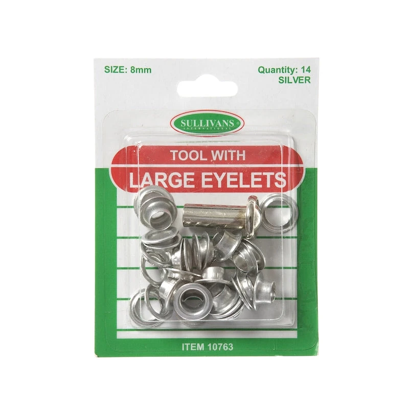 Large Eyelets With Tool Size 8mm, Silver- 14pk 1 Large Eyelets With Tool Size 8mm, Silver- 14pk